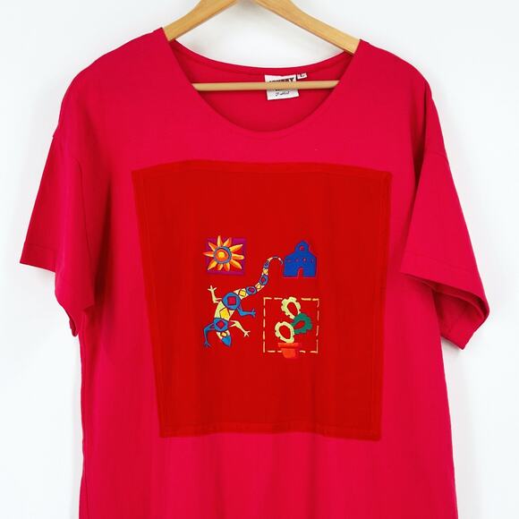 VTG 80s Johnny Was Maxi T-Shirt Dress Large Embroidered Southwest Kaftan Hippie - Picture 2 of 7